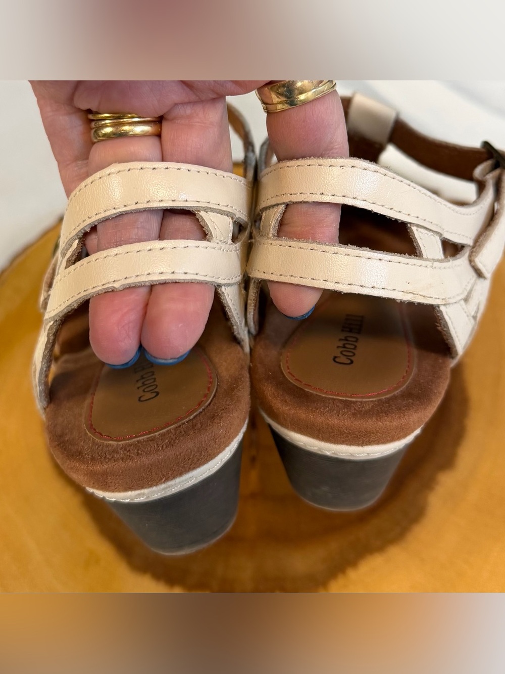 Cobb Hill Aubrey Cream T-Strap Buckle Woven Sandals with heels Women’s Size 9.5 - Picture 4 of 9